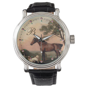HORSES / A Bay Hunter With Two Spaniels Monogram Watch