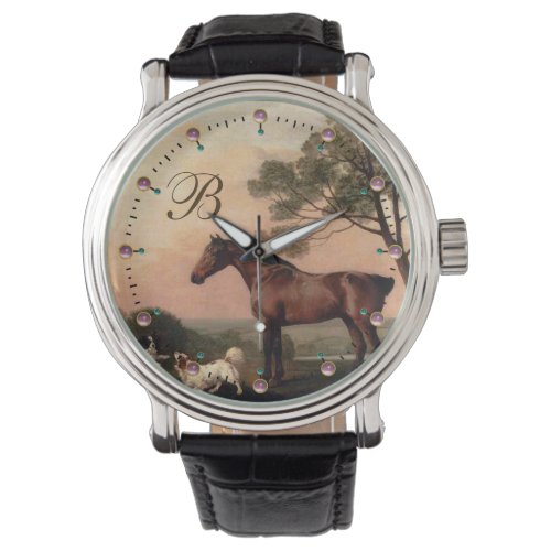 HORSES  A Bay Hunter With Two Spaniels Monogram Watch