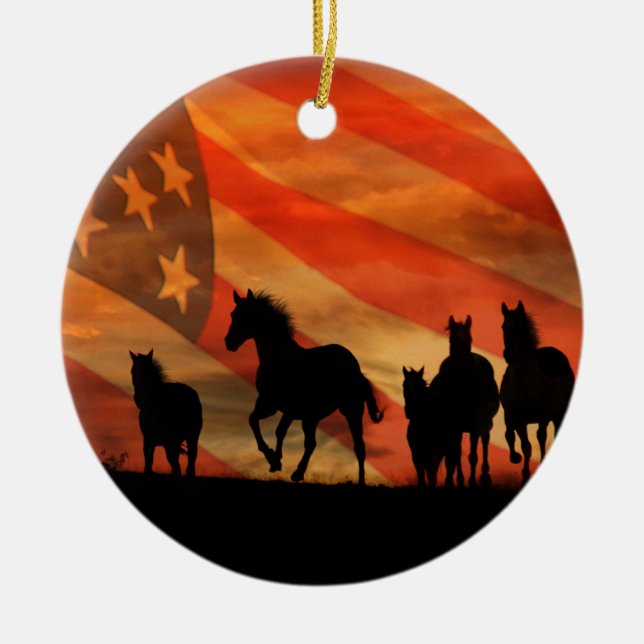 Horses and American Flag Ceramic Ornament (Front)