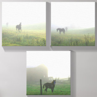 Horses and barn in the mist canvas photo tile