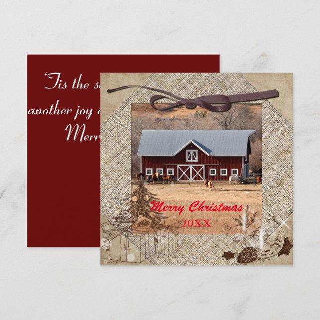 Horses and Barn Merry Christmas Flat Card (Front/Back)