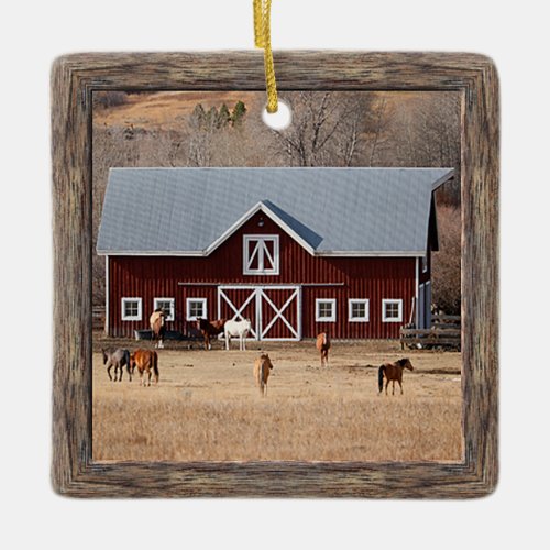 Horses and Barn Photo Ceramic Ornament