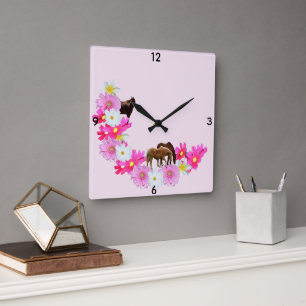 Horses And Gerbera Flower Garland, Square Wall Clock