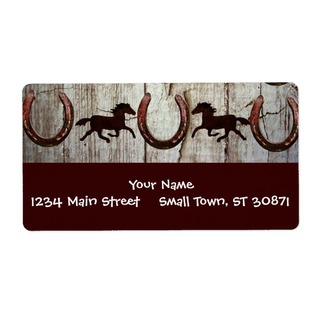 Horses and Horseshoes on Barn Wood Cowboy Gifts Label (Front)