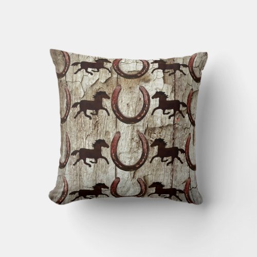 Horses and Horseshoes on Barn Wood Cowboy Gifts Throw Pillow