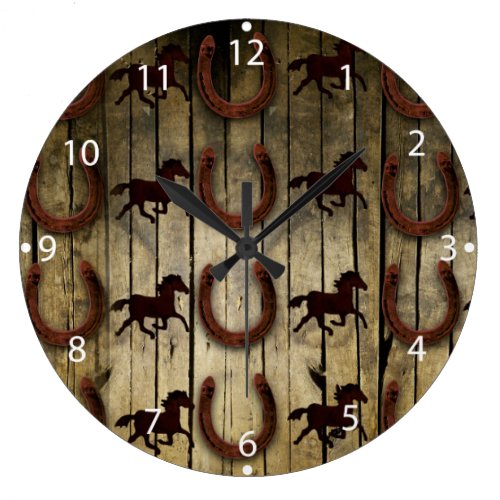 Horses and Horseshoes on Wood  backround Gifts Large Clock