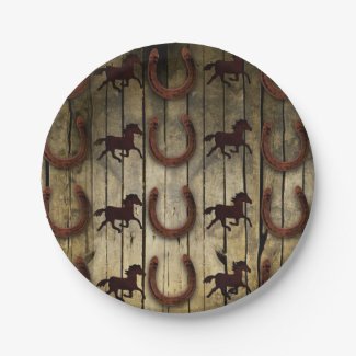 Horses and Horseshoes on Wood backround Gifts Paper Plate