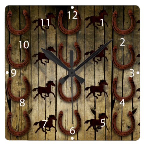 Horses and Horseshoes on Wood  backround Gifts Square Wall Clock