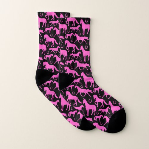 Horses and Horseshoes Pink and Black Novelty Socks