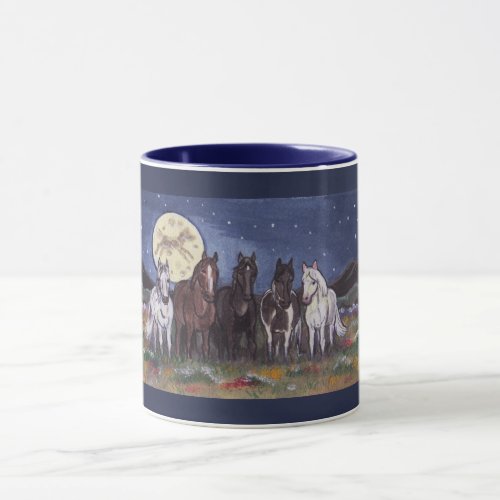 Horses and Night Moon Navy Blue Mug