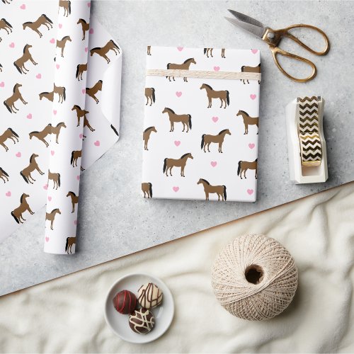 Horses and Pink Hearts Wrapping Paper