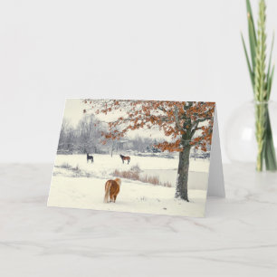 Horses and Pony in Snow By a Lake During Winter Thank You Card