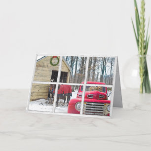 horses and retro red truck in rustic window card