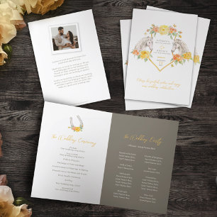 Horses and roses yellow monogram art wedding program