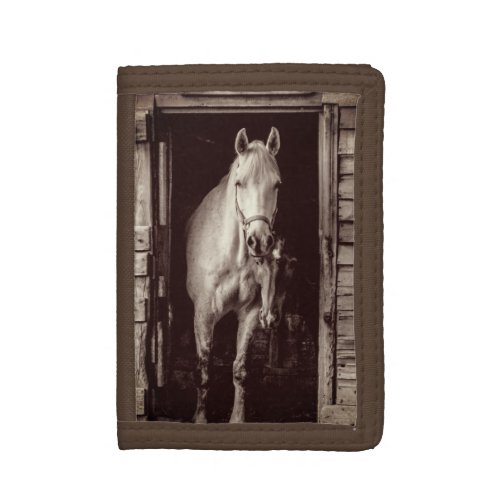 Horses and Rustic Barn Brown Trifold Wallet