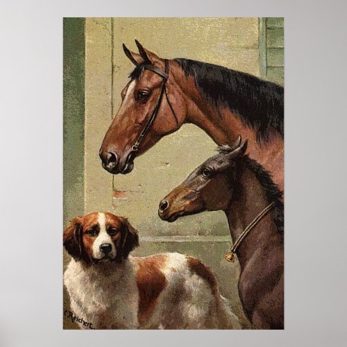 Horses and St Bernard Vintage Art Poster