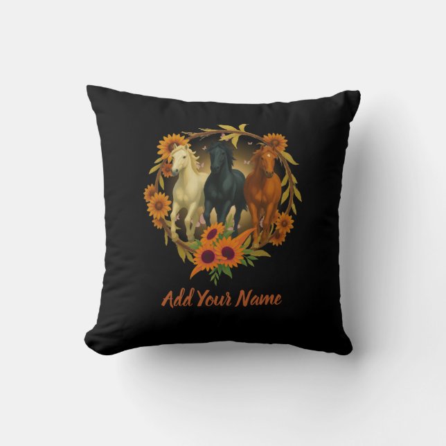 Horses and Sunflowers Throw Pillow (Front)