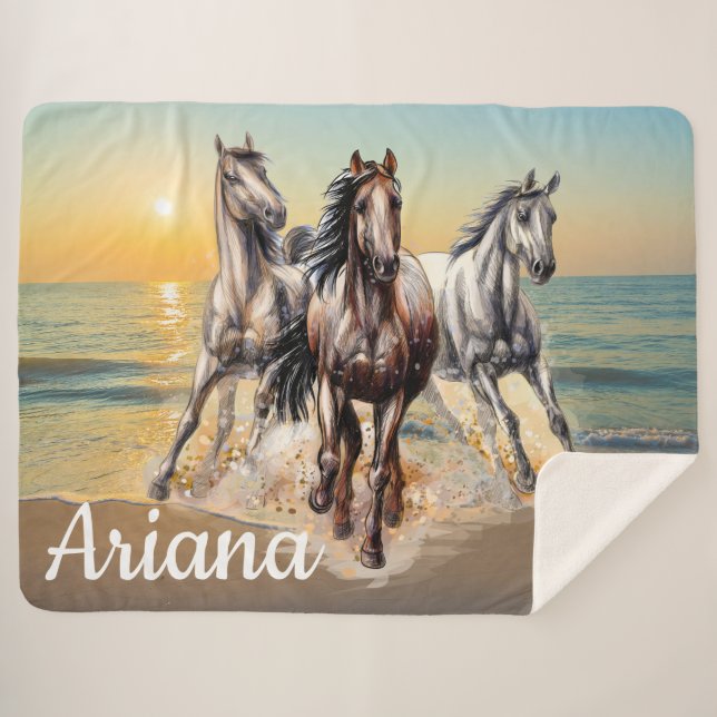 Horses and Sunset on the Beach  Sherpa Blanket (Front (Horizontal))