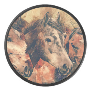 Horses Artistic Watercolor Painting Decorative Hockey Puck