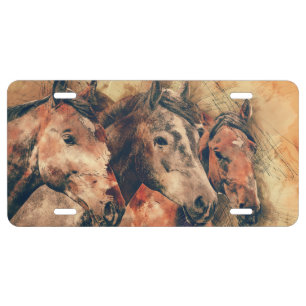 Horses Artistic Watercolor Painting Decorative License Plate