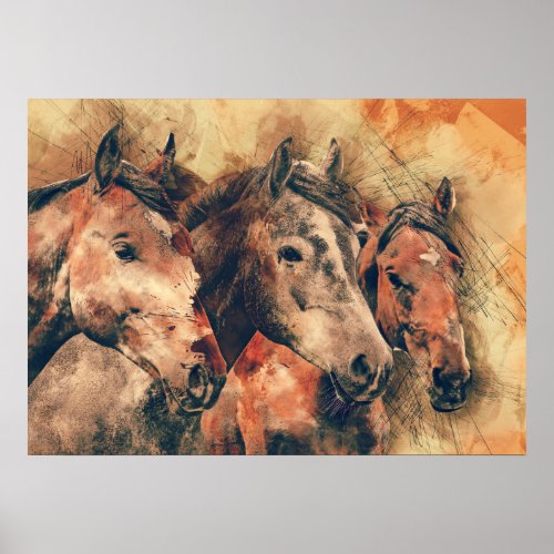 Horses Artistic Watercolor Painting Decorative Poster