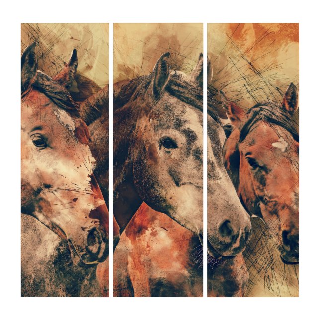 Horses Artistic Watercolor Painting Decorative Triptych (Front)