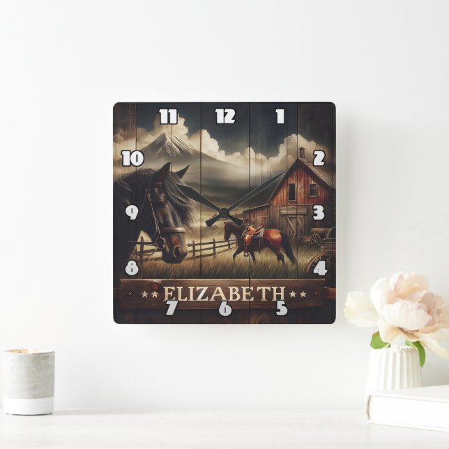 Horses at a Rustic Barn Under Mountain Clouds Square Wall Clock (Home)