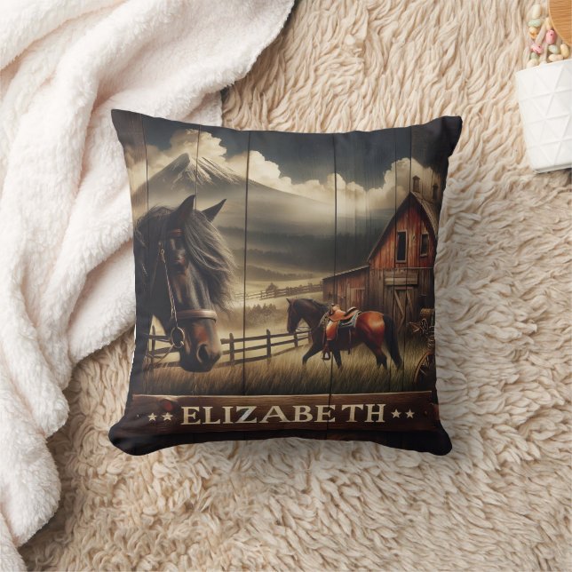 Horses at a Rustic Barn Under Mountain Clouds Throw Pillow (Blanket)