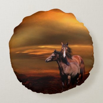 Horses At Dusk Round Pillow by deemac2 at Zazzle