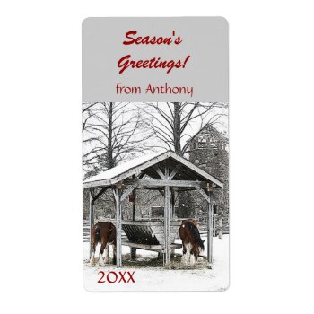 Horses At Stable Season's Greetings Wine Label by myworldtravels at Zazzle