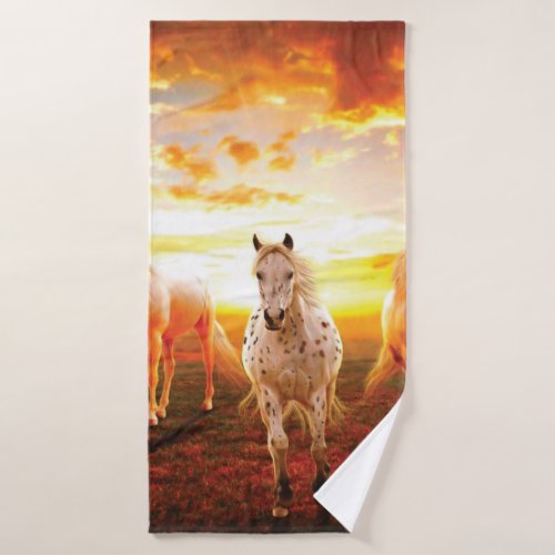 Horses at sunset throw pillow bath towel