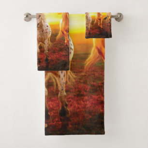 Horses at sunset throw pillow bath towel set