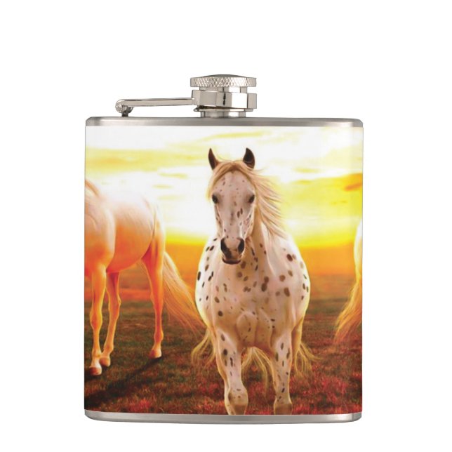 Horses at sunset throw pillow flask (Front)