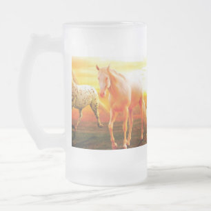 Horses at sunset throw pillow frosted glass beer mug