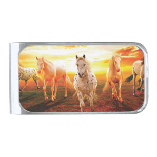 Horses at sunset throw pillow silver finish money clip