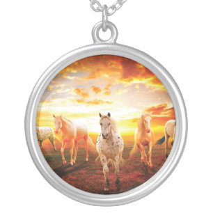 Horses at sunset throw pillow silver plated necklace