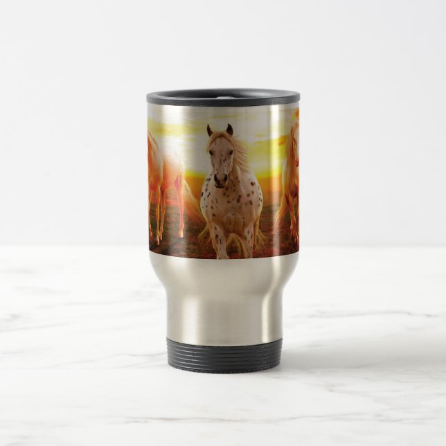 Horses at sunset throw pillow travel mug (Center)