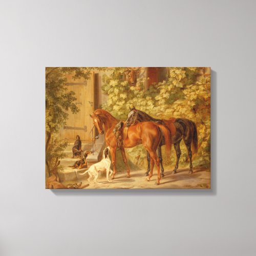 Horses At The Porch By Albrecht Adam Canvas Print