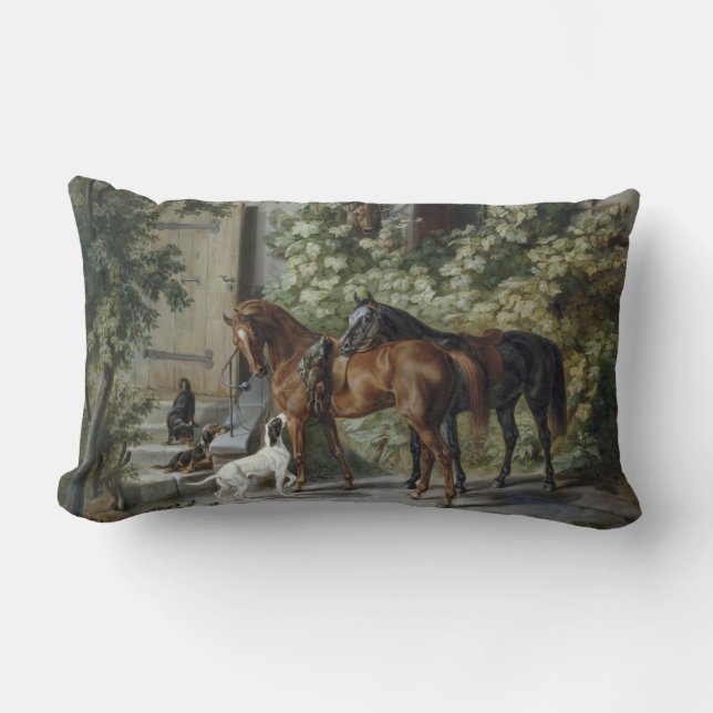 Horses at the Porch (by Albrecht Adam) Lumbar Pillow (Front)
