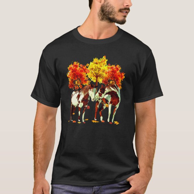 Horses Autumn Field Equestrian Horse Fallen Leaves T-Shirt (Front)