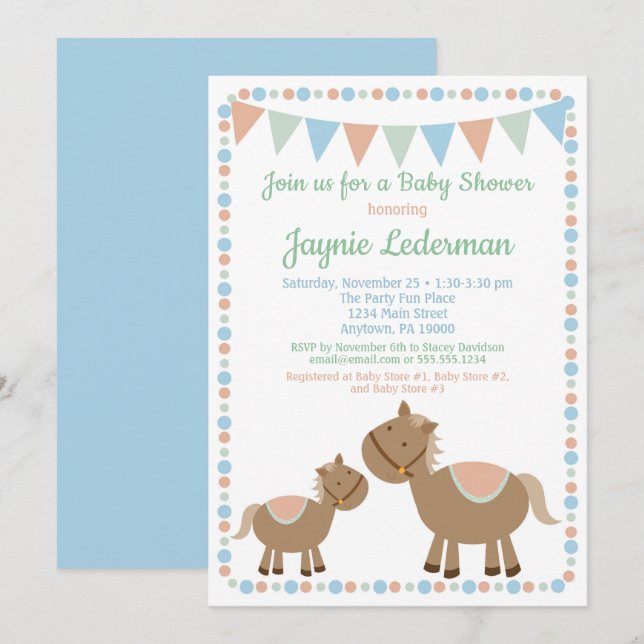 Horses Baby Shower Invitation Country Boy Blue (Front/Back)