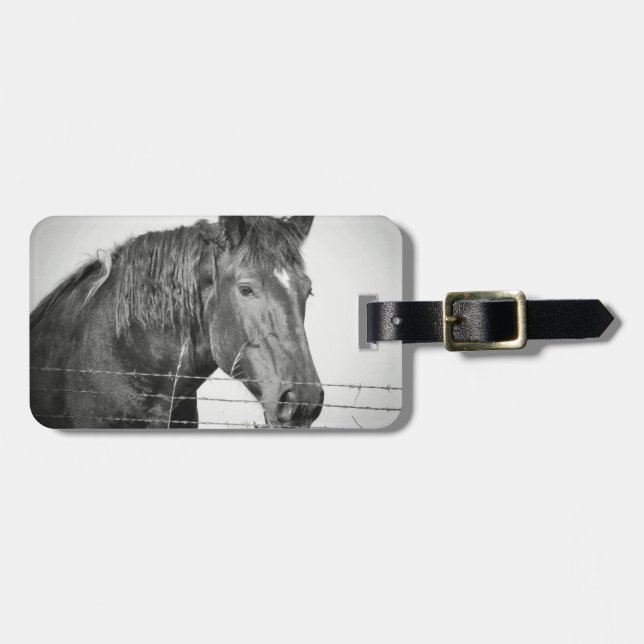Horses Behind the Fence in Black and White Luggage Tag (Front Horizontal)