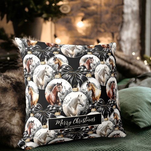 Horses black and gold Christmas pattern Throw Pillow