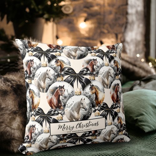 Horses black and gold Christmas pattern Throw Pillow