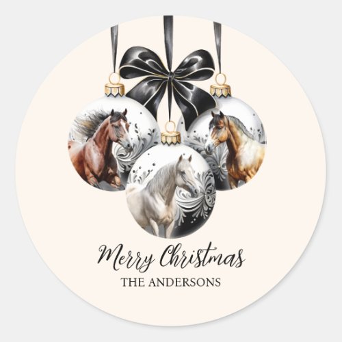 Horses black and gold Christmas quote Classic Round Sticker
