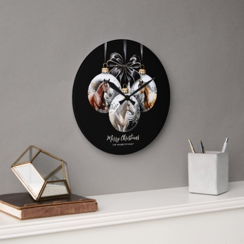 Horses black and gold Christmas quote Large Clock