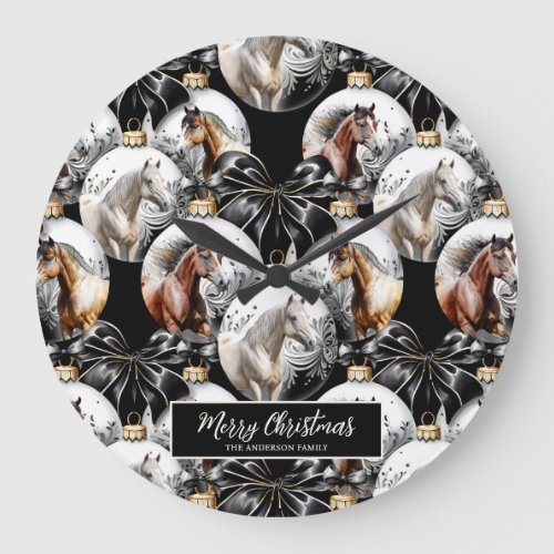 Horses black and gold Christmas quote Large Clock