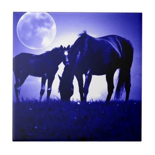 Horses  Blue Night Ceramic Tile