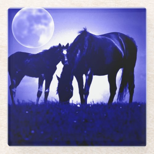 Horses  Blue Night Glass Coaster