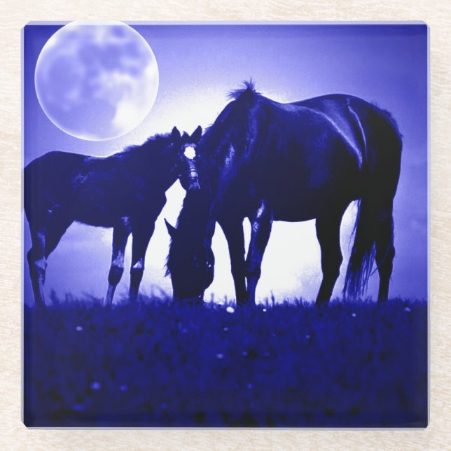 Horses & Blue Night Glass Coaster (Front)